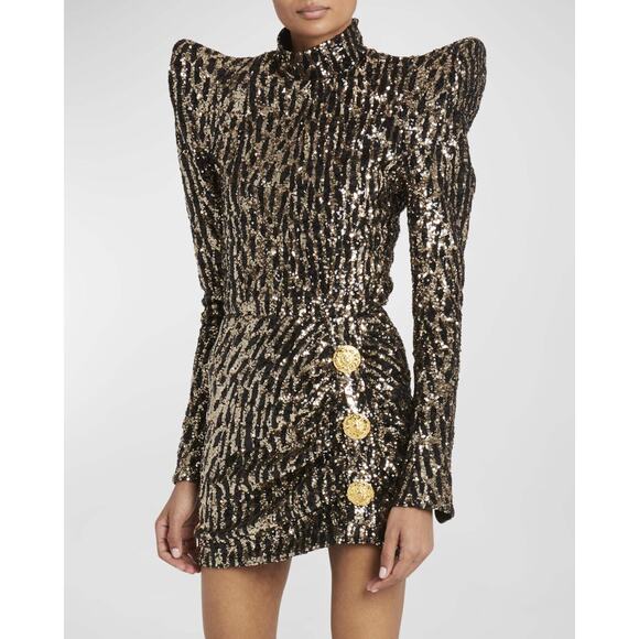 Balmain Strong-Shoulder Mini Dress 40/US 8 Gold Black Sequin Back Zip NWT $3650 - Picture 3 of 14